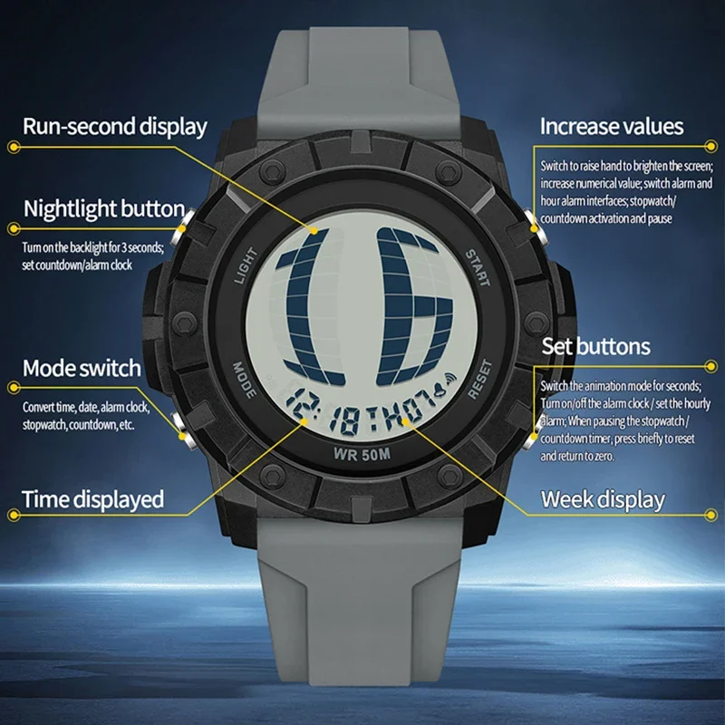 SANDA حار بيع الرجال الرياضة الإلكترونية ووتش سيليكون حزام الأزياء للماء 50 متر رفع ضوء المتداول شاشة ساعة رقمية