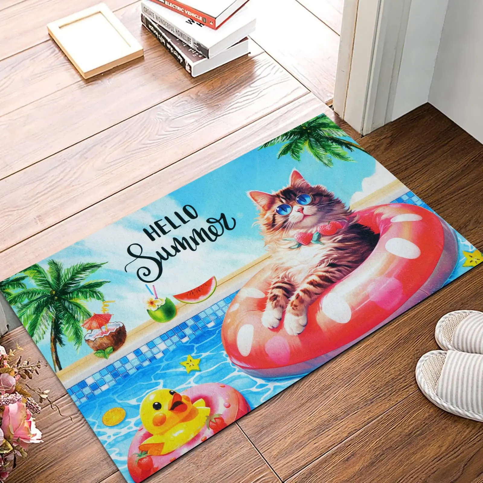Hello Summer Door Mat Outdoor Indoor Welcome Mat, Cute Cat Front Door Mat Outside Entrance Non Slip Washable Entryway Rug Beach