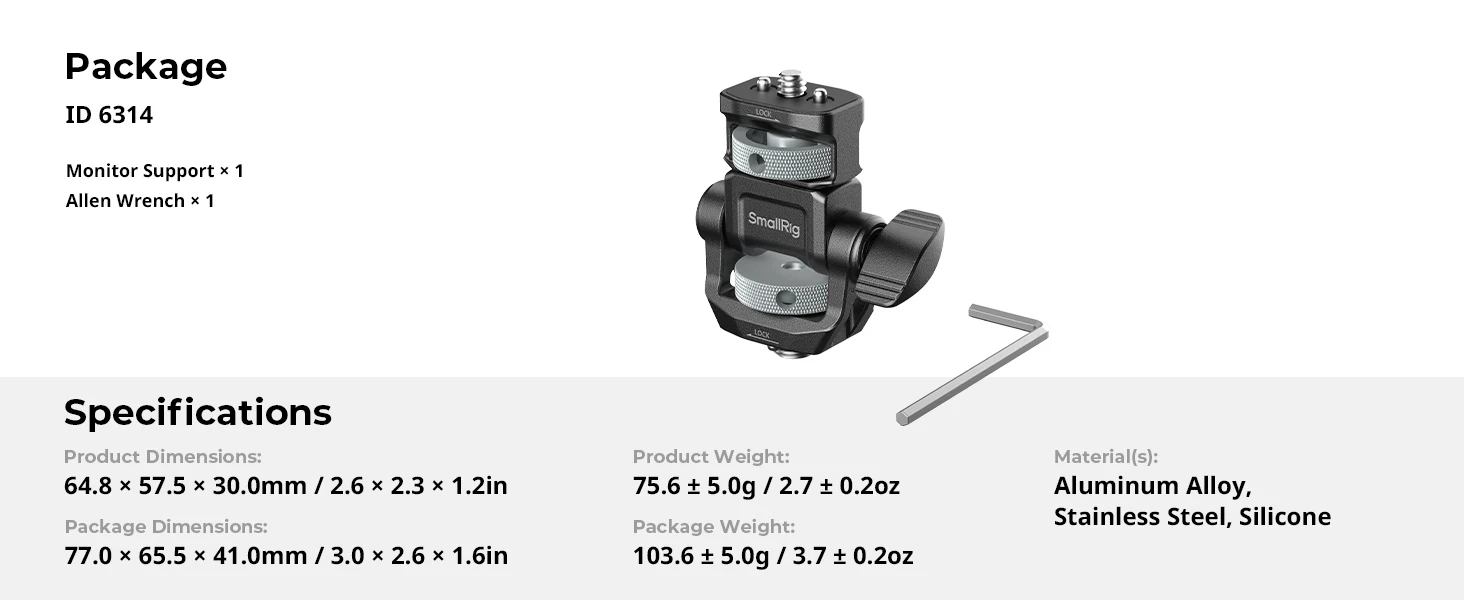 SmallRig-Monitorhalterung für horizontale und vertikale Aufnahmen mit ARRI 3/8"-16 Positionierungsschraube bietet 180°-Bewegung. ° Neigung und 360-Grad-Drehung ° Pan -6314 – Detail 9