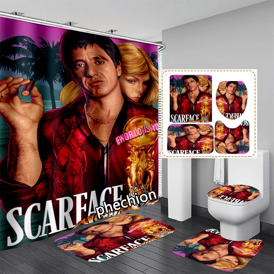 phechion Scarface 3D Print Waterproof Bathroom Shower Curtain Toilet Cover Mat Non-Slip Floor Mat (1/3/4Pcs) W67