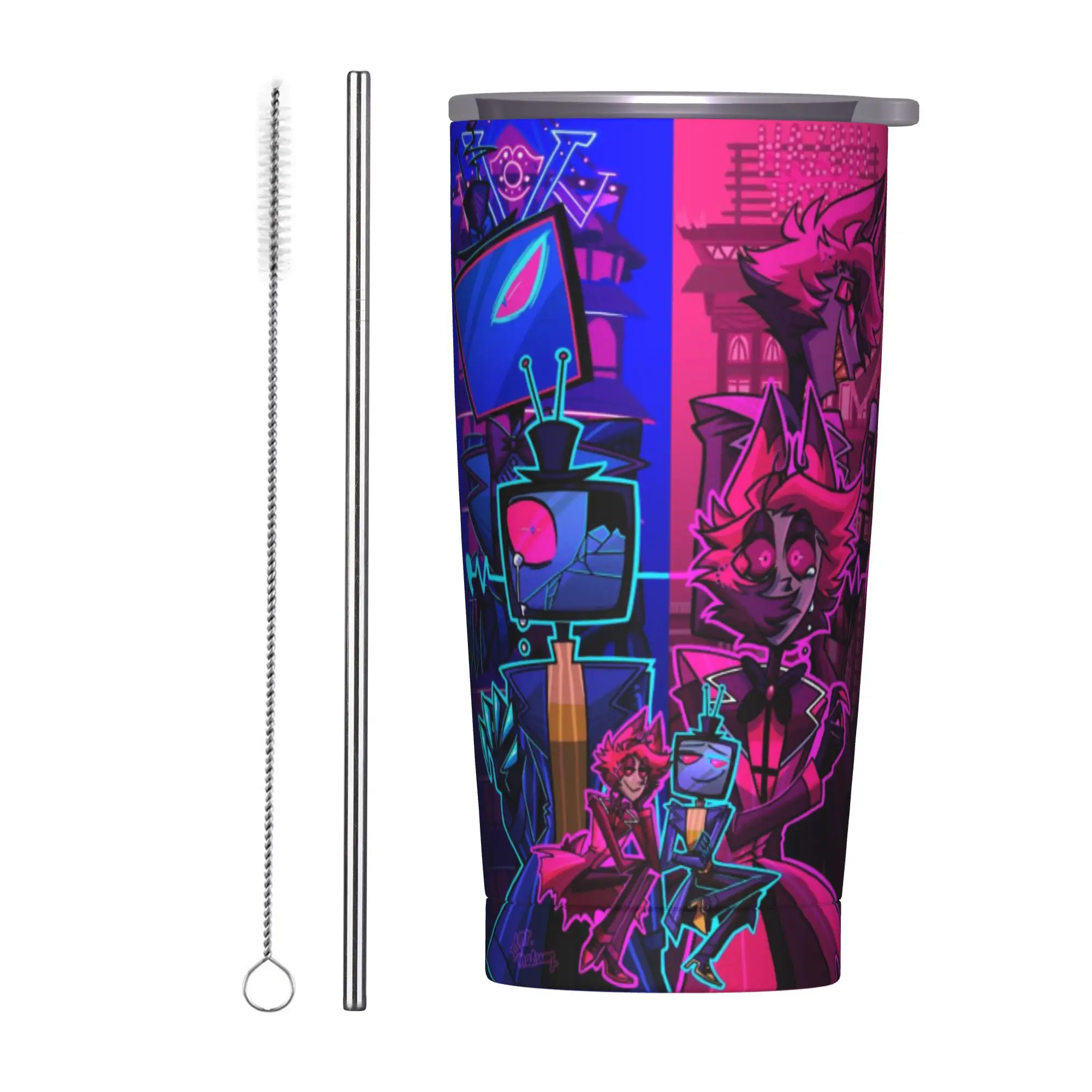 

hazbines hoteles alastor vox 2 Tumbler With Straw Stainless Steel Travel Mug Double Wall Vacuum Insulated for Cold Or Hot 20oz