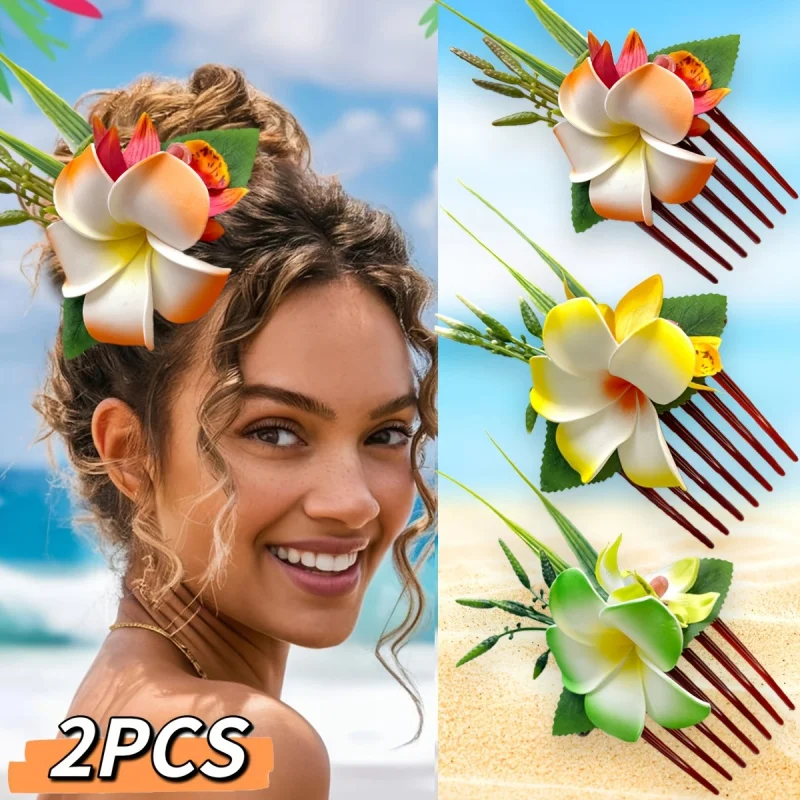 2pcs Hawaiian Foam Simulation Flowers Side Comb Artificial Orchid Hair Clip Bride Wedding Beach Tropical  Party Decoration
