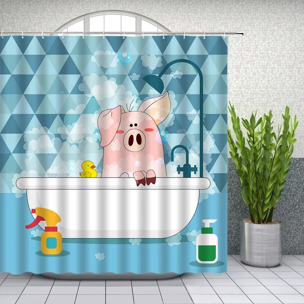 Lustiger Badevorhang mit Schwein und Ente, Cartoon-Tiere, Alpaka, Dinosaurier, Kinder-Badezimmer-Dekor, Stoff-Badvorhänge mit Haken