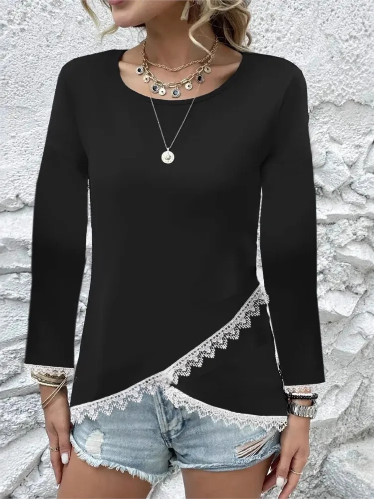 

2025 Casual Lace Patchwork Slim Blusas Long Sleeve Top T Shirt Tee Women's Clothing Solid Color Simple Style All-match Commuting