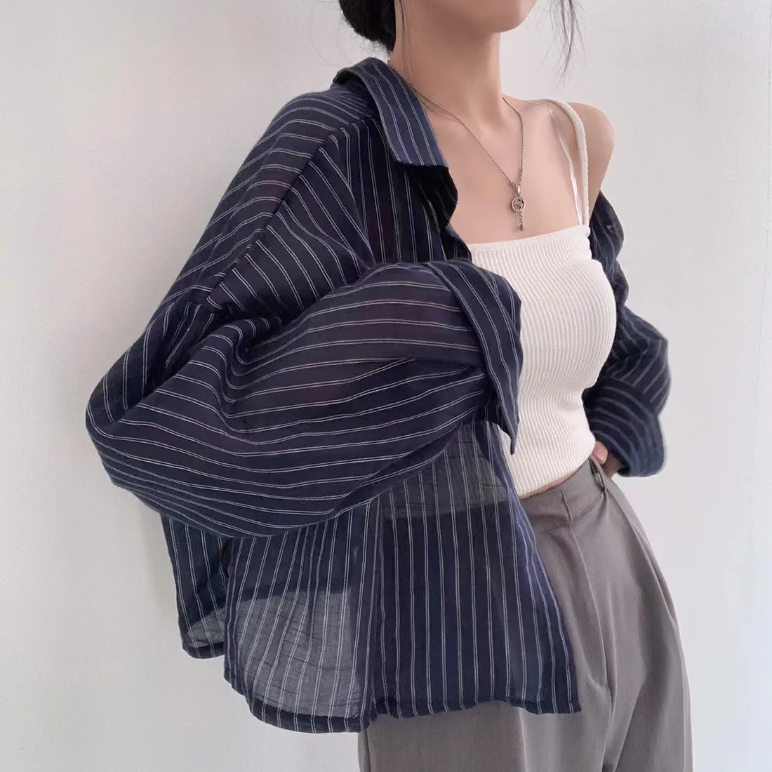 

Long Sleeve Shirts Womens Striped Button Down Oversized Loose Fit Feminine Sweet Preppy Youthful Korean Casual Look
