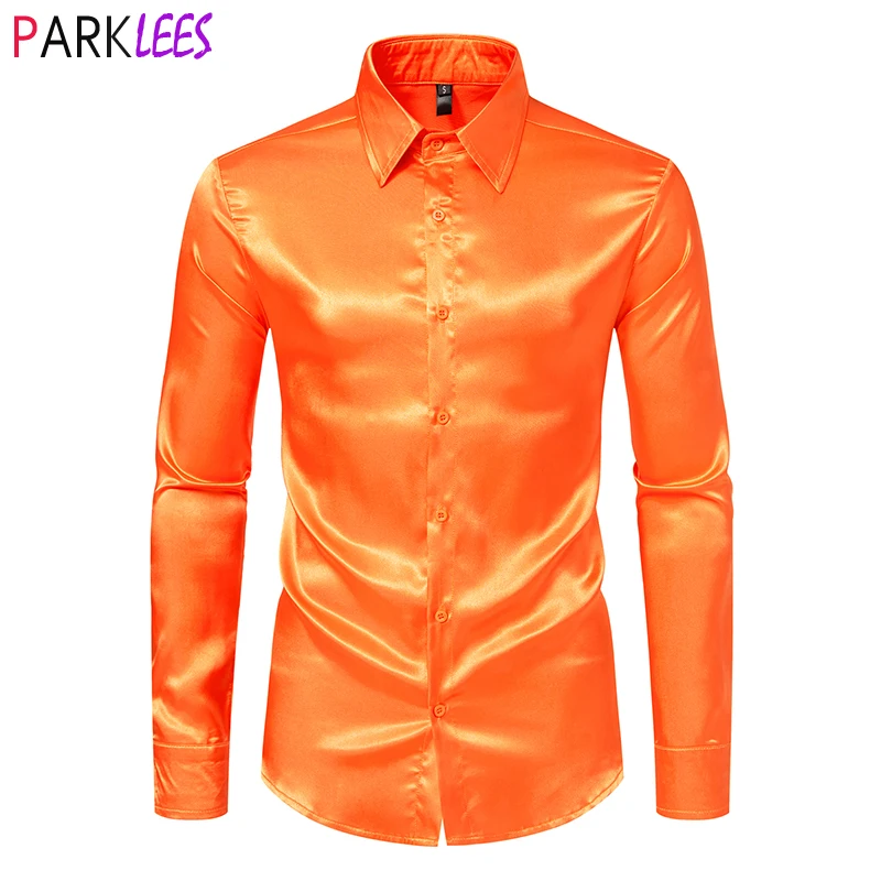 Orange Mens Silk Satin Shirt 70s Disco Dance Nightclub Dress Shirts Men Party Wedding Long Sleeve Casual Shirt Chemise Homme 2XL