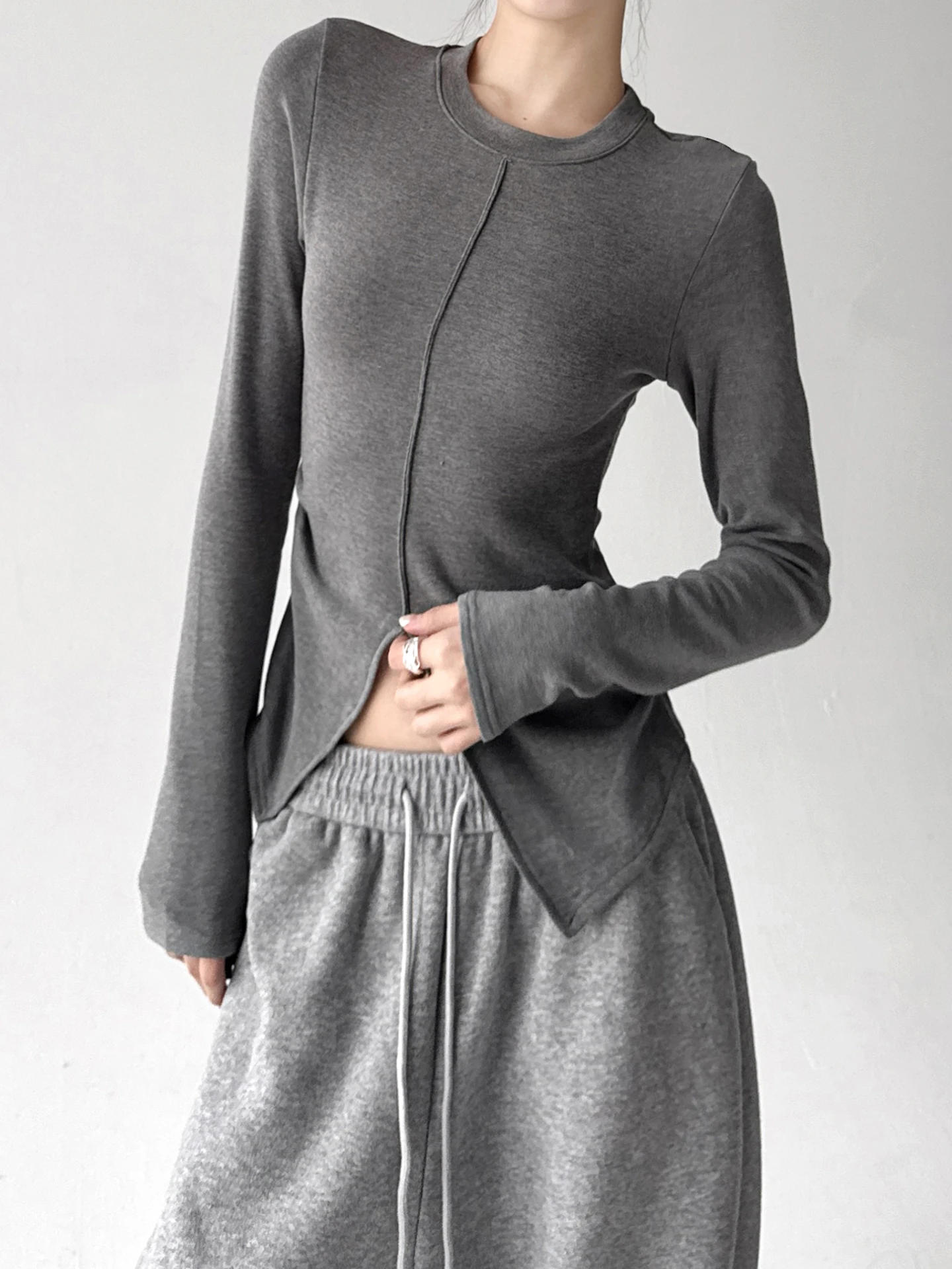 Koreaanse Sle round Ne Long Sve ort T-shirt dames slim fit rits ey super mooie casual top voor herfst winter