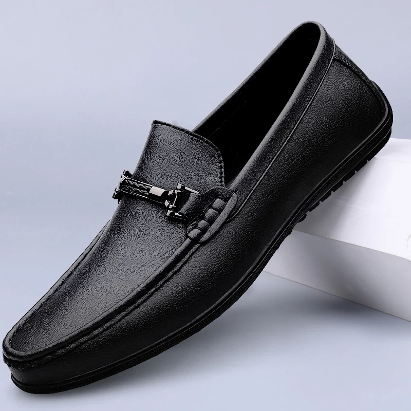 Metal Buckle Blue Loafers Genuine Leather Mens Slip on Shoes Comfortable Men Casual Shoes Male Driving Footwear Breathable Mens