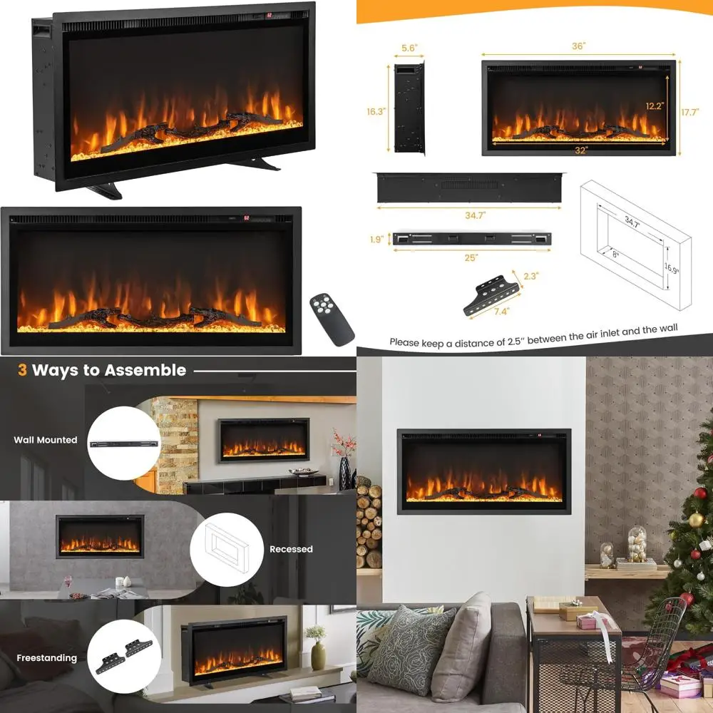 

36 Wall-Mounted Electric Fireplace Heater, 750W/1500W Linear Heater with Remote Control, Recessed or Freestanding Option