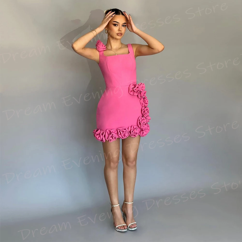 Anmutige rosa Meerjungfrau einfache Frauen Abendkleider modische quadratische Kragen ärmellose Ballkleider 3d Blumen vestido de noche