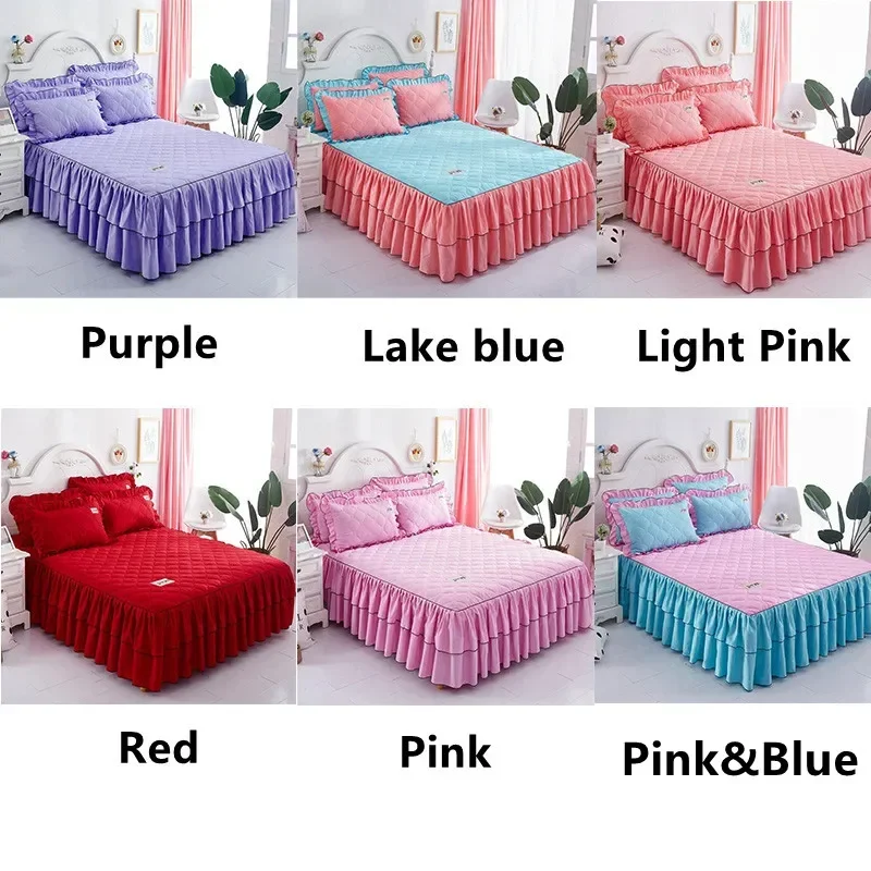 Solid Color Elastic Thickened Velvet Bunk Mattress Protective Cover Bedding Non-Slip Breathable King Skirt Individual Pillowcase