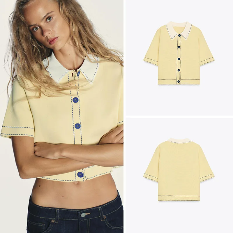 여름 신상 여성 니트 스웨터 턴다운 칼라 아우터웨어 캐주얼 슬림 핏 기타 소재 00%