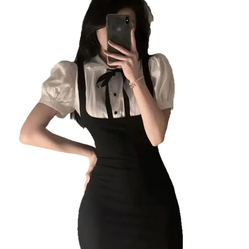 All-match camada base estilo universitário outwear bottoming linha de cintura baixa verão emagrecimento preto branco splice vestido sexy menina