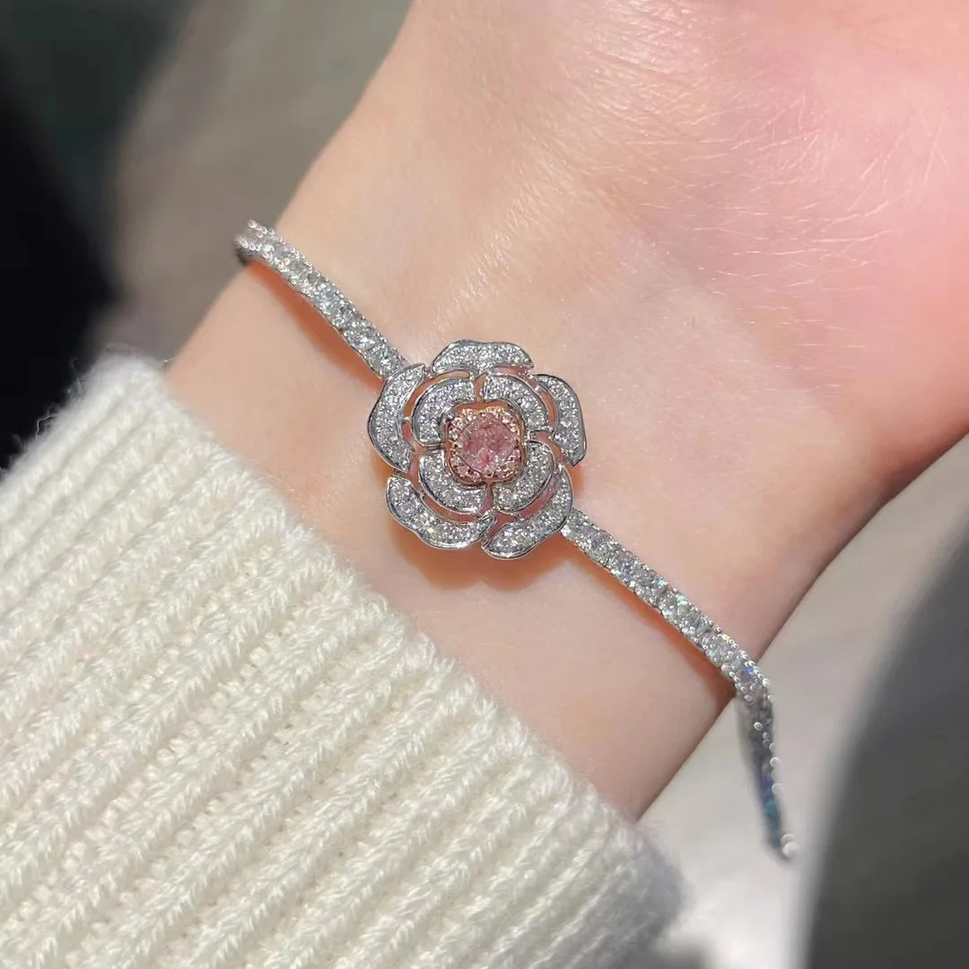 Sweet Pink Rose Flower Bracelets for Women Full Diamond Dazzling Multiple Styles Bracelet Chains Wedding Jewelry