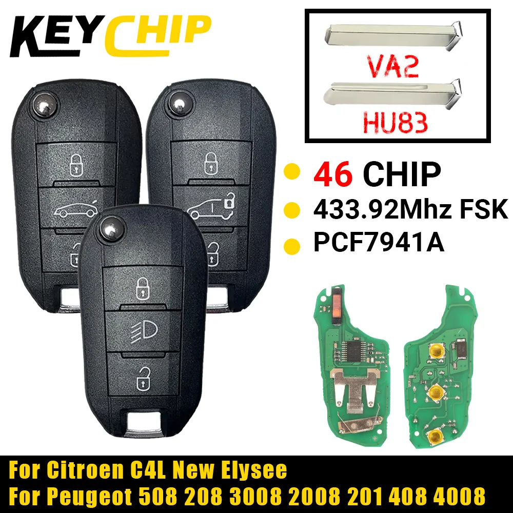 Chave remota dobrável para carro, kc 433 mhz hu83 va2 id46, para peugeot 208 2008 301 308 508 5008 citroen c-elysee C4-Cactus