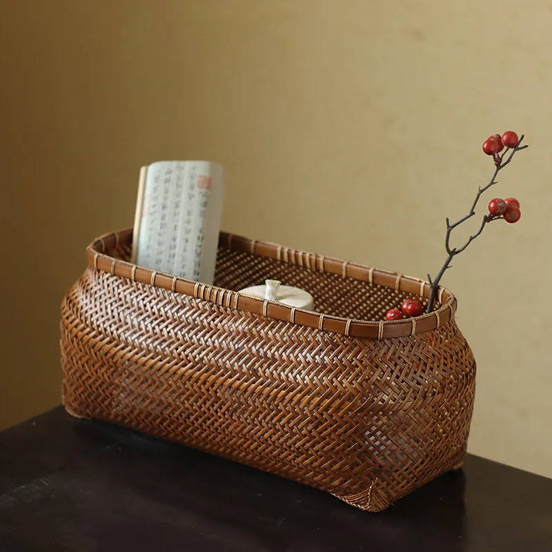 Lacquer handmade bamboo storage basket, tea ceremony accessories, tea set storage box, retro Zen new Chinese fruit basket