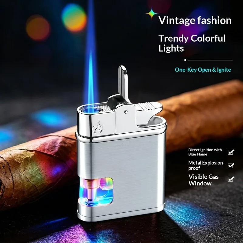 Colorful lighting lighter, metal direct impact windproof inflatable cigar lighter, butane business lighter