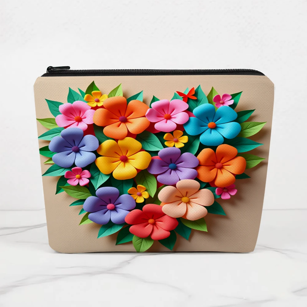 Colorful Floral Heart Design Pattern Makeup Bags for Girls Cosmetic Pouch Toiletry Bag Pencil Case Travel Storage