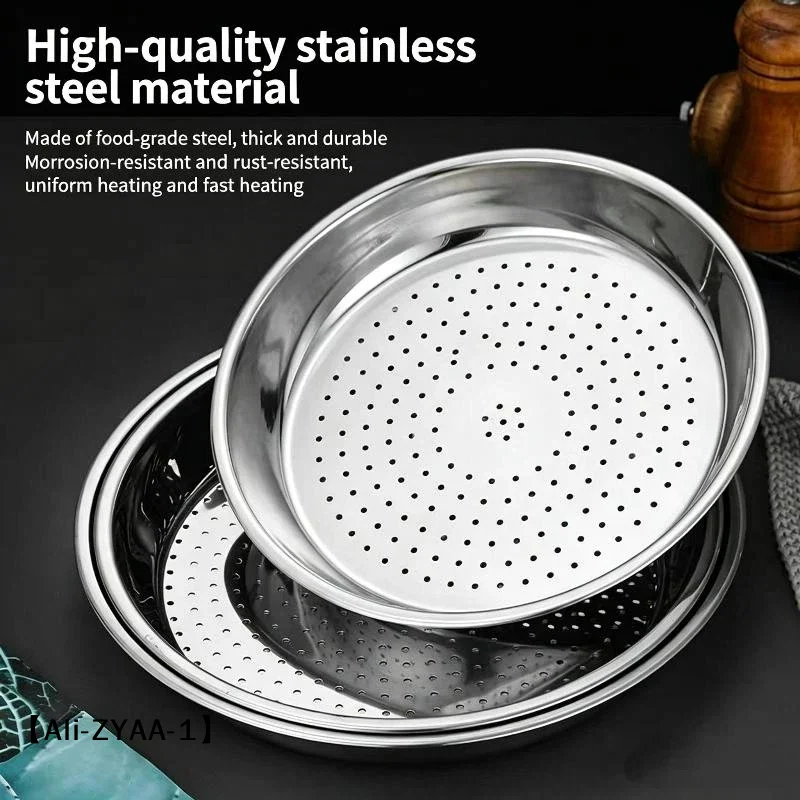 【A】Round 30/32/34CM Stainless Steel Steamer Durable Dumplings Fish Steaming Tray Thickened Steamer Kitchen Cooking Gadgets