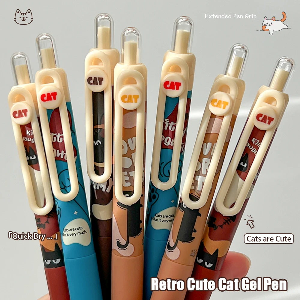 

4 Pcs Retro Cute Cat Gel Pen 0.5mm IG Style Fun Cartoon Stylish Quick Dry Pen