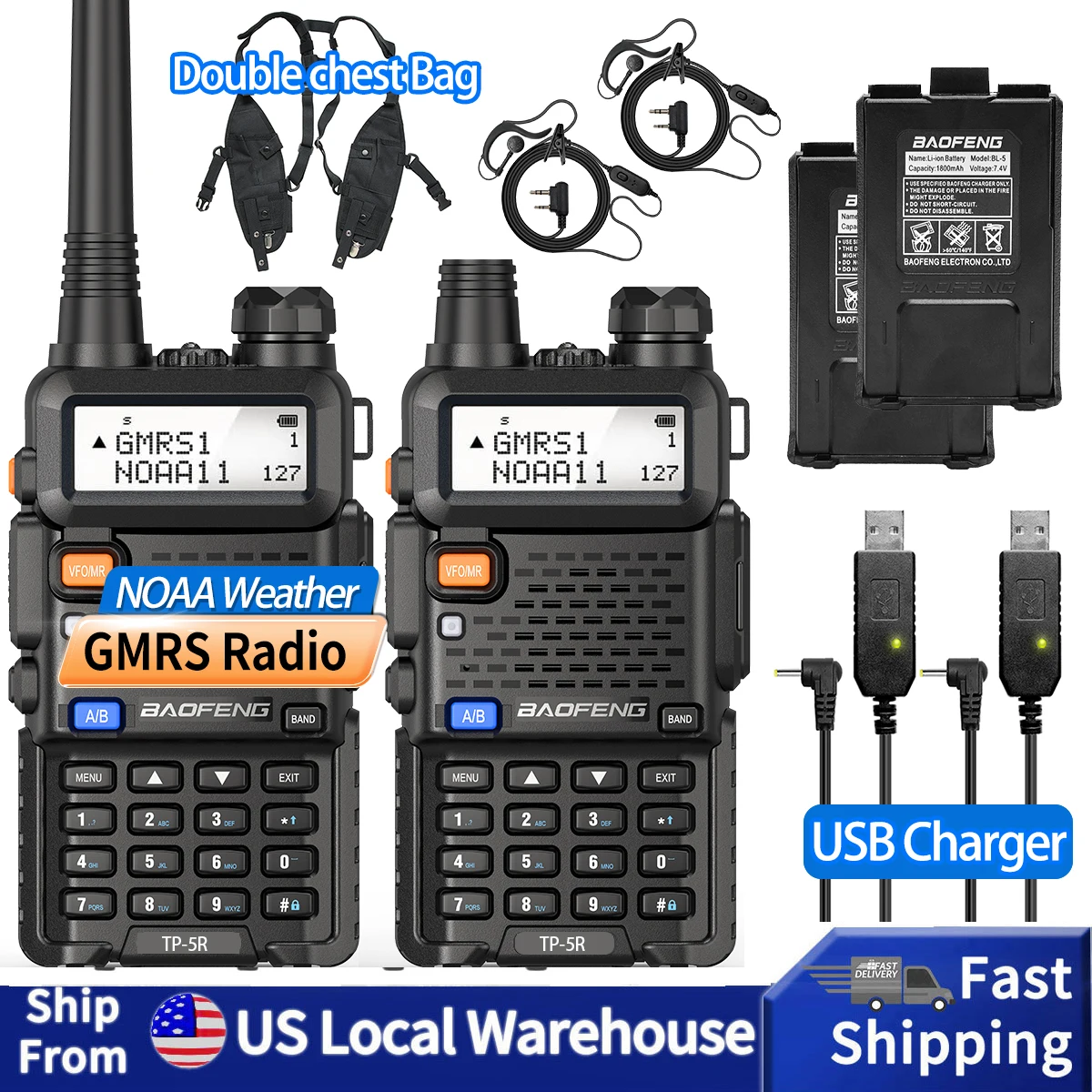 2PCS BAOFENG UV-5R GMRS Walkie Talkie USB Charger VHF UHF NOAA With Double Chest Bag Long Range Ham Radio For Camping