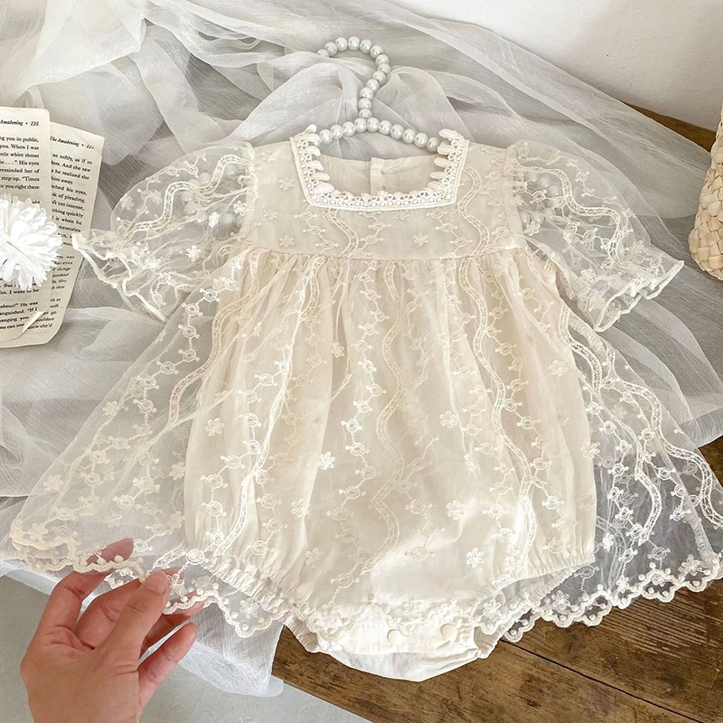 2024 Summer Baby Clothes Lace Embroidery Girls One Piece Toddler Girl Bodysuit Baby Tutu Skirt Style Bodysuit Party Outfit