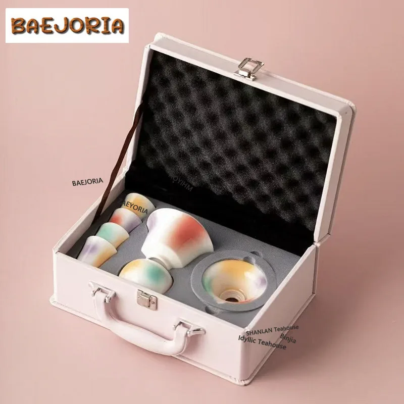 BAEJORIA Dopamine Peach Blossom Cave Glazed Travel Tea Set Kit Retro 1 Pot 4 Cups Tea Making Organizer Portable Picnic Handbag