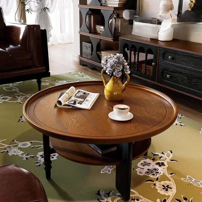 

French retro style all solid wood coffee table, round tea table household small table