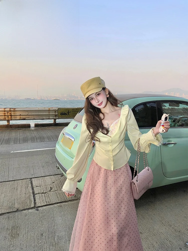 

PITAO Original Ey Garden Spring INS Sle Waist-Cinching irt Ele Versatile Long Sve Chinese Sle Faion Set for ...