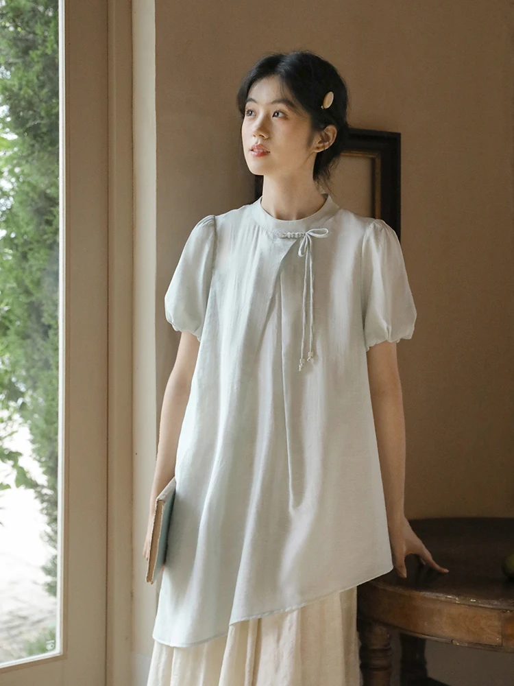 

Женская летняя винтажная свободная длинная блузка Nesoulum Mint с круглым вырезом и рукавами-фонариками, цветная