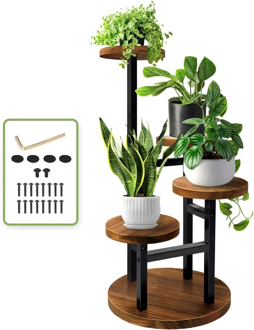 AUGOSTA 4 Tier Corner Plant Stand, Tall Metal Wood Plant Shelf Holder for Indoor, Outdoor Display Rack Flower Pot Stand