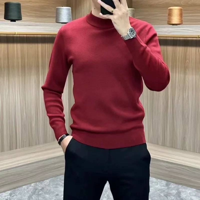 

New Red Half Turtleneck Knitted Wool Men's Slim Pullover Sweater Base Top Autumn Winter JJ697