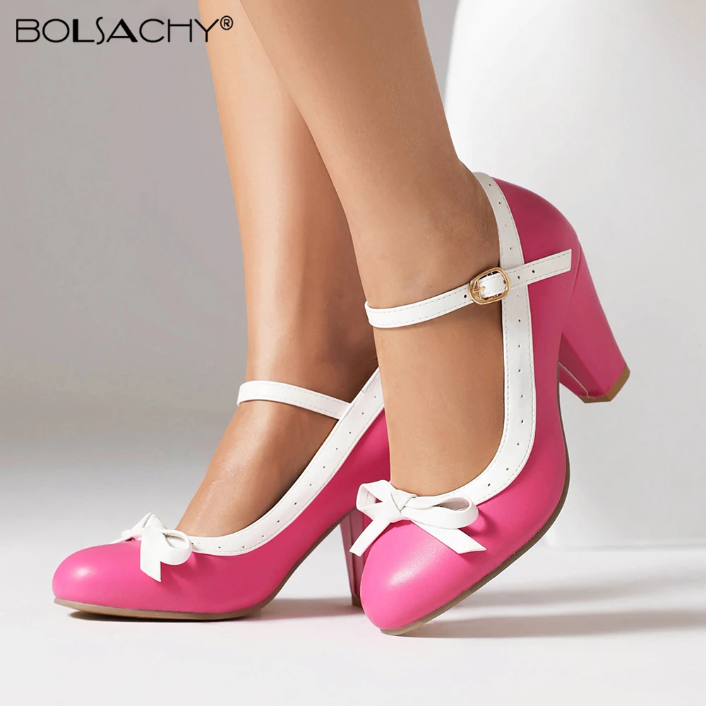 Big Size 41 44 Women Pumps Sweet Bowtie Shoes Vintage Chunky Female High Heels Party Wedding Prom Footwear Girls Shoes freeship