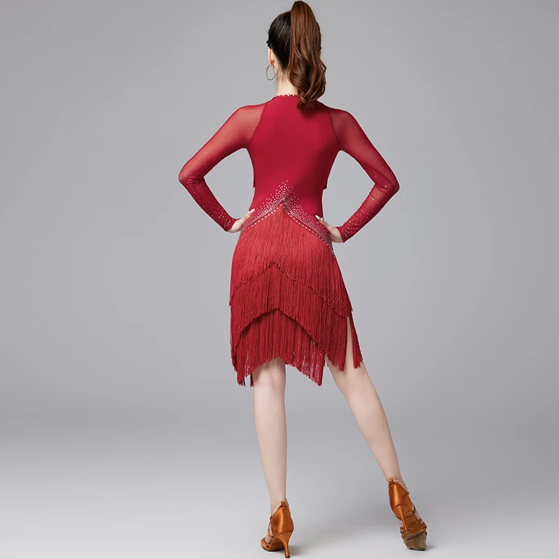 Fashion Latin Dance Costumes For Women Sexy Mesh Long-Sleeved Rhinestone Tassel Dance Dress Latino Dance Practice Wear DL7495