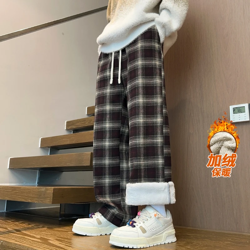 Winter Thick Warm Casual Plaid Trousers Men\'s Fleece Loose Vintage Sweatpants Wide Leg Straight Long Pants For Men and Women