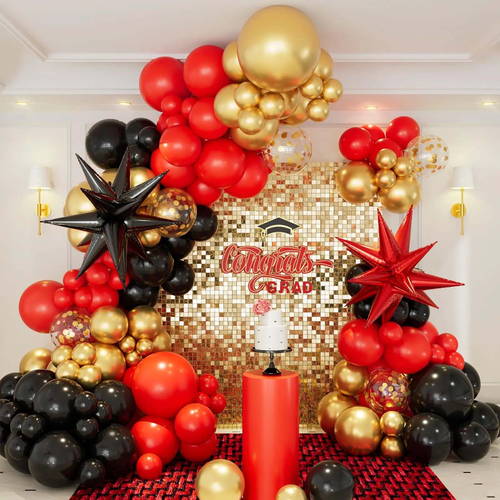 146pcs Red Black and Gold Balloons Garland Arch Kit Exploding Star for Graduation Anniversary Wedding Birthday Party Decoration