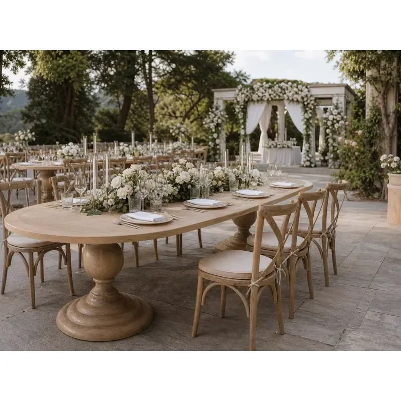 Double Sphere Pedestal Oval Dining Table - Solid Wood Banquet Table - High-End Wedding & Hotel Event Furniture