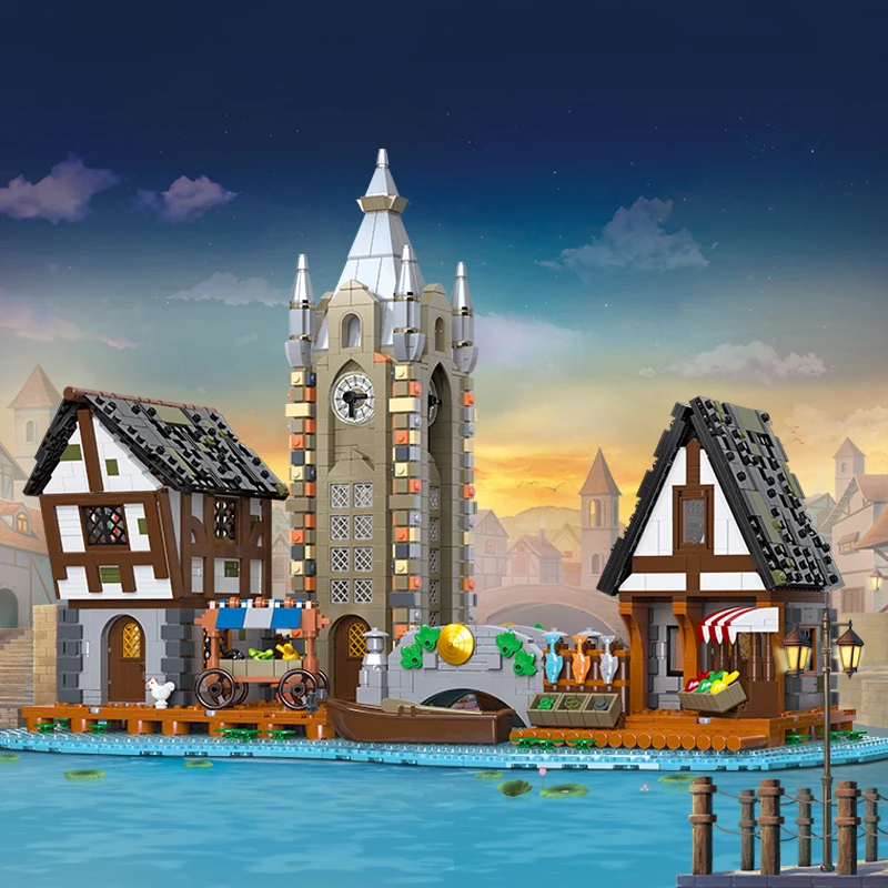 Medieval Architecture Riverside Market Trade Scene Building Blocks Streetscape Model Bricks Toys Compatible With LEGO