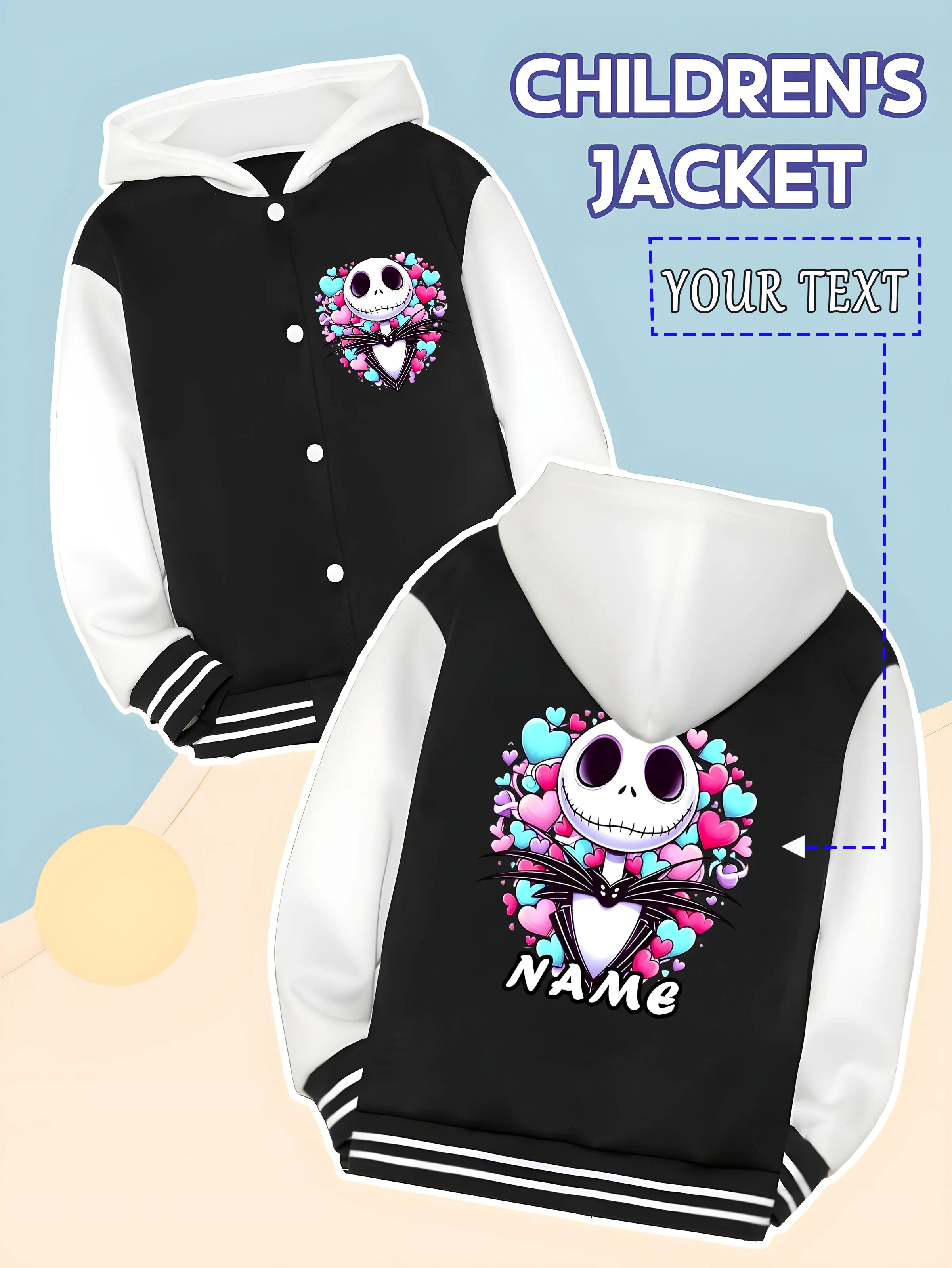 

MINISO Disney Nightmare Before Christmas Heart-Shaped Children's Baseball Jacket - Skull and heart-shaped design, romantic and u