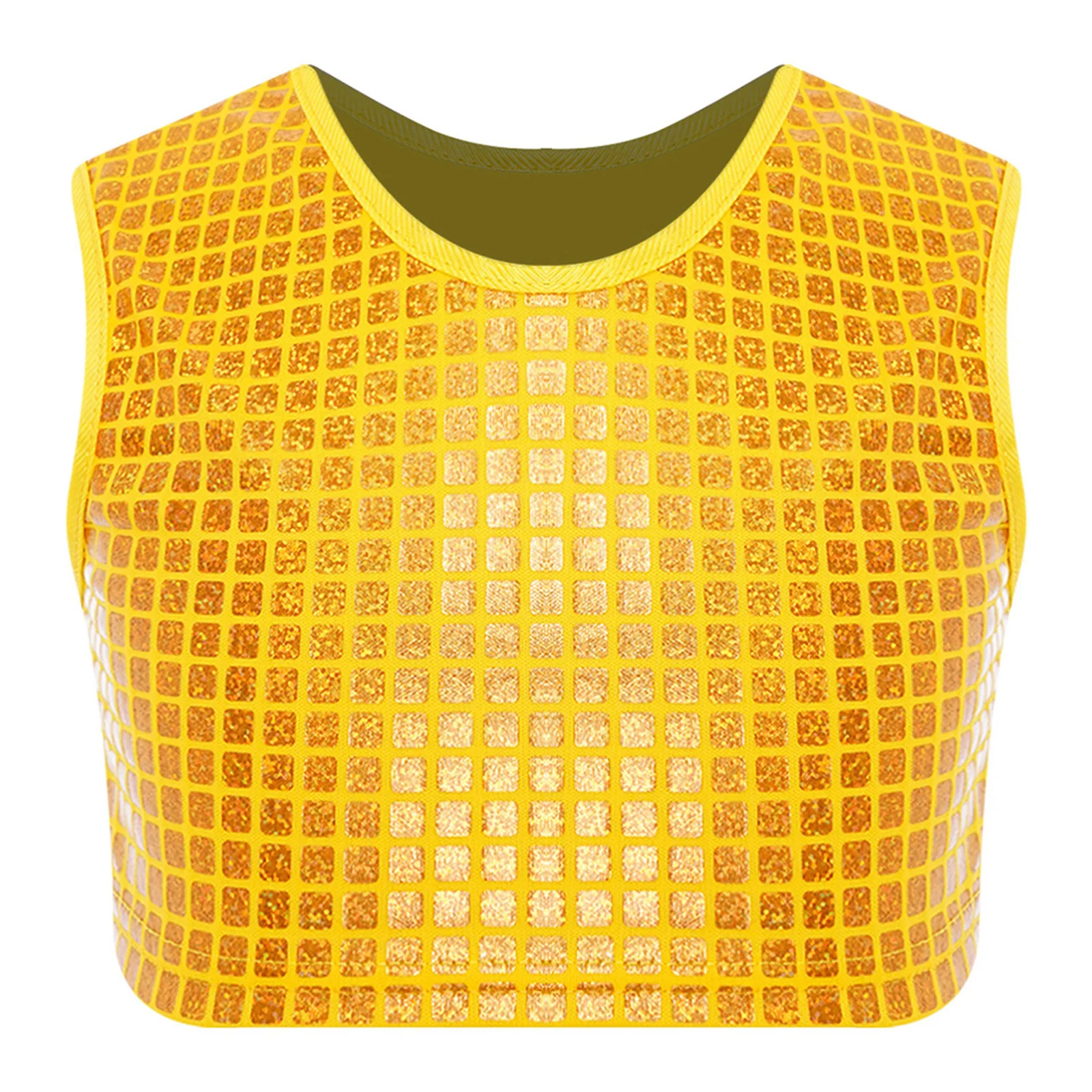 Kids Girls Metallic Shiny Plaid Jazz Hip Hop Dance Tanks Tops Sleeveless Crop Top Vest School Show Cheerleading Stage Dancewear