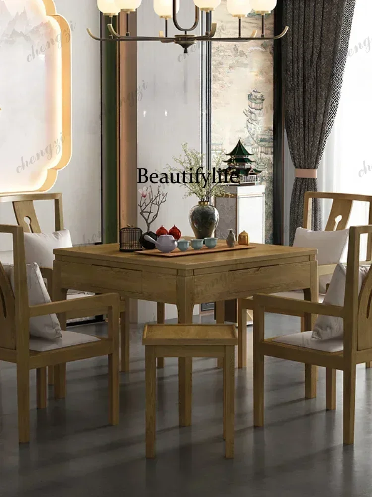 Four Seasons Solid Wood Mahjong Machine Mute Intelligent Automatic Rubber Wood Dining Table Dual-Use Mahjong Table