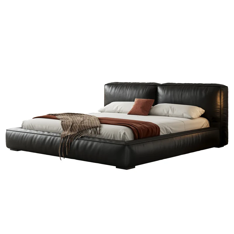 

Tofu cubes first layer cowhide simple double master bedroom high-end atmosphere black retro soft bag bed