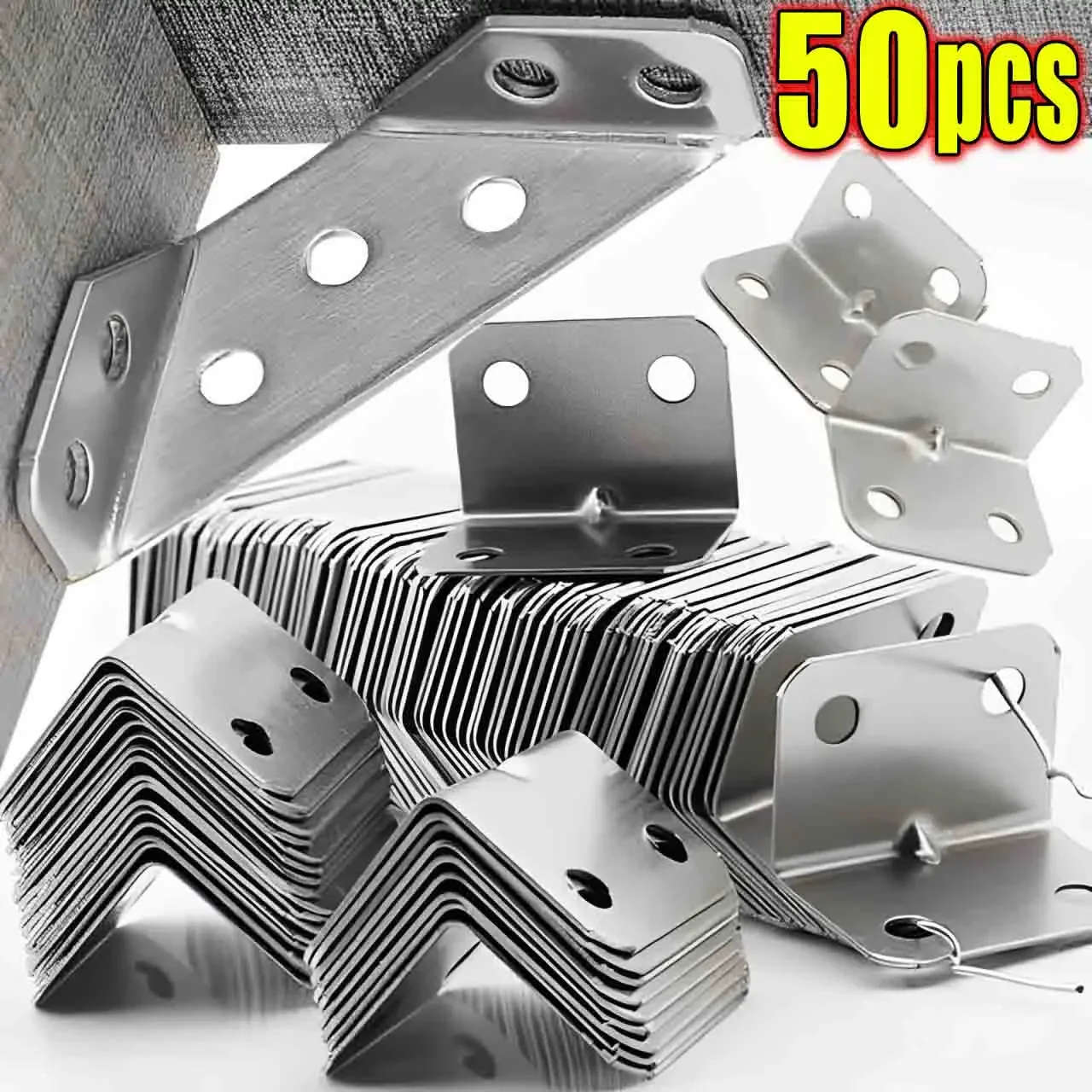 50/10PCS Universal Stainless Steel Corner Bracket 90 Degree Right Angle Fixed Bracket Wood Furniture Bedframe Cabinet Accessorie