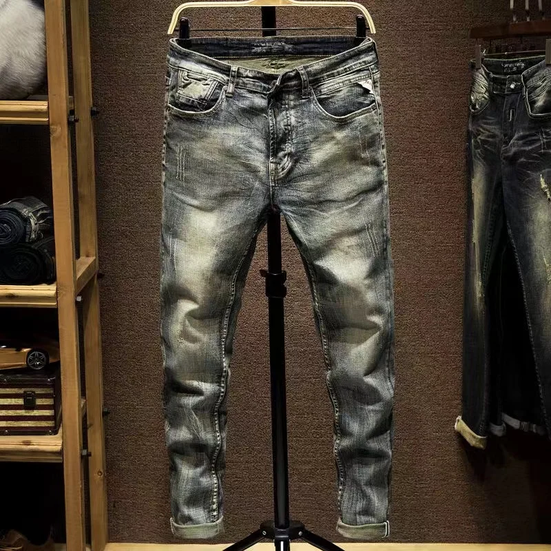

Весенне-осенние винтажные джинсы с эффектом потертости, мужские, зауженные, эластичные, в корейском и японском ретро-стиле, длинные брюки, повседневные, для молодежи