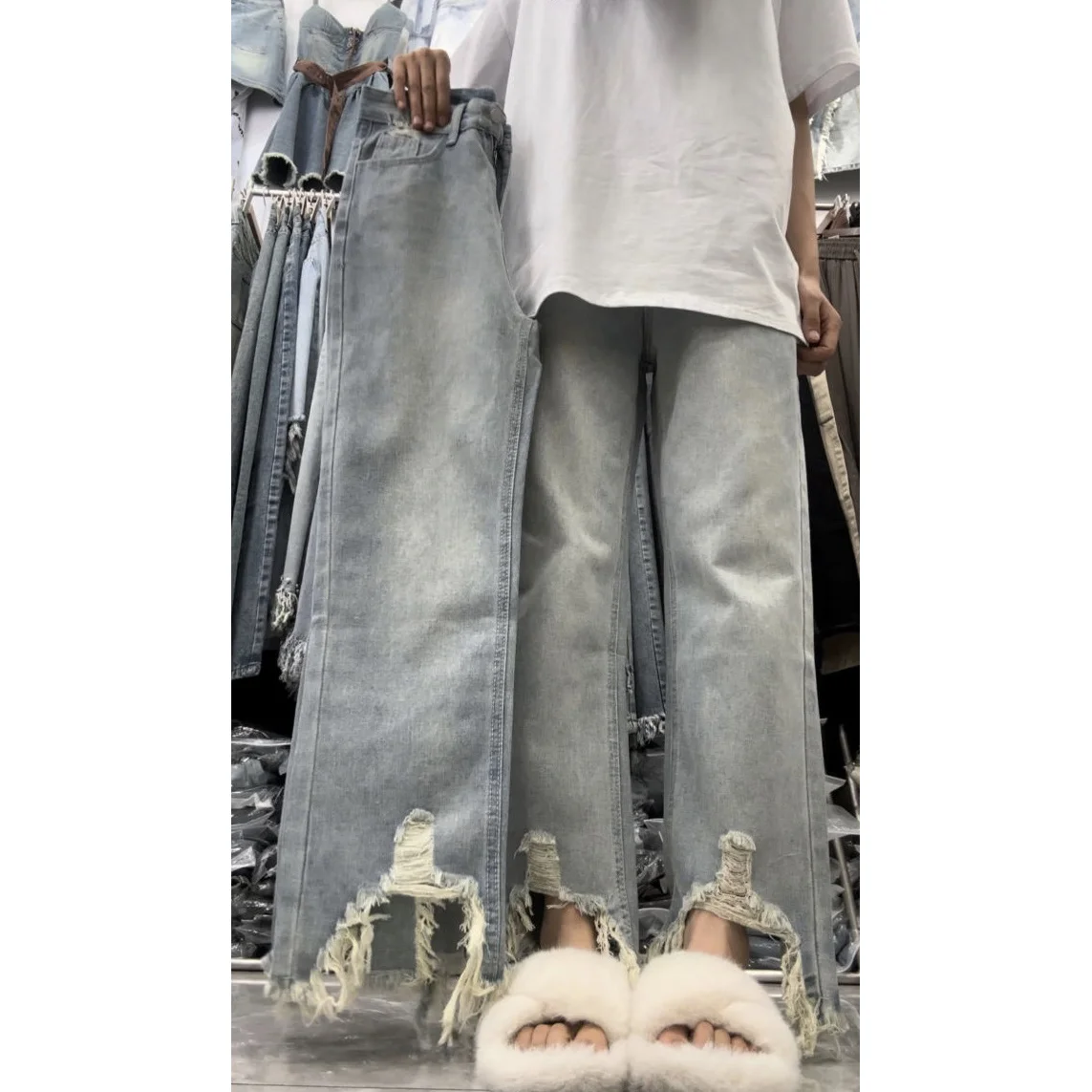 

Осенняя одежда Корейские женские широкие синие джинсы Женская одежда больших размеров Мешковатая уличная одежда Y2K Винтажная мода Oversize с вырезом ног