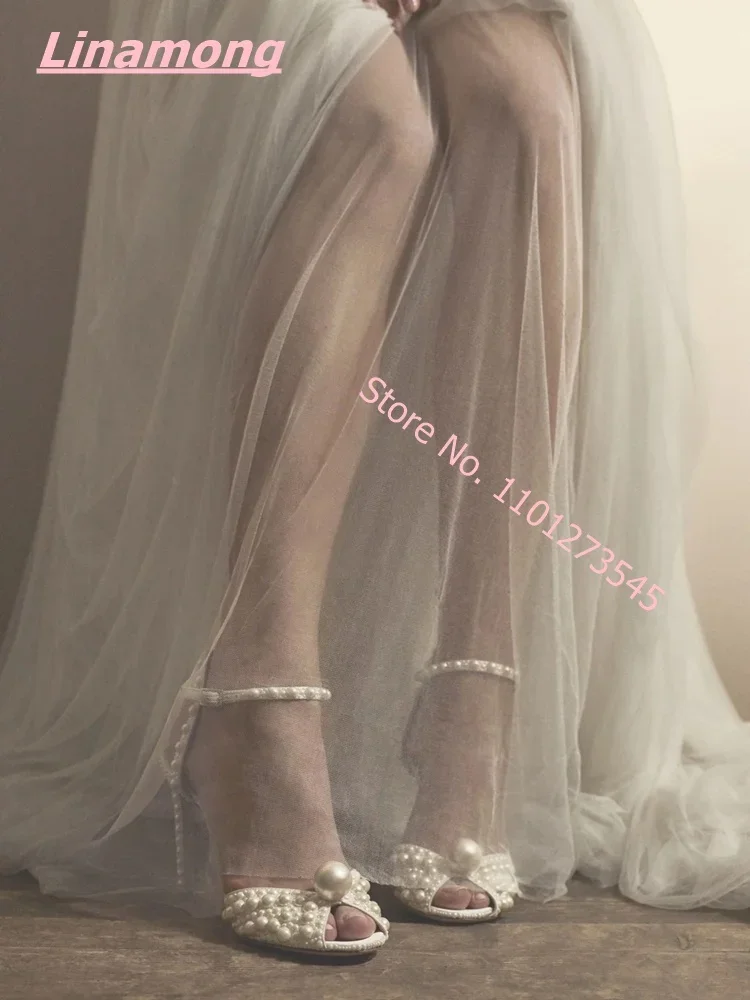 

Summer New Luxury Women Sandals Solid Elegant Pearl Crystal Peep Toe Leather Thin High Heel Ankle Buckle Wedding Party Shoes