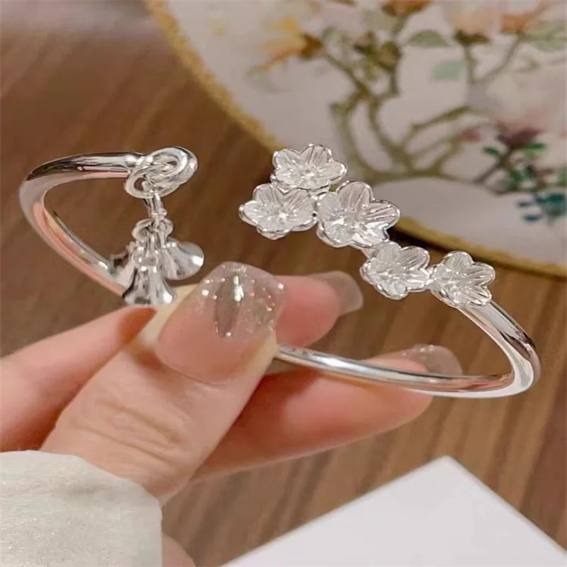 Elegant 3D Cherry Blossom S999 Sterling Silver Open Cuff Bangle For Ladies Bell Pendant Adjustable Wrist Jewelry
