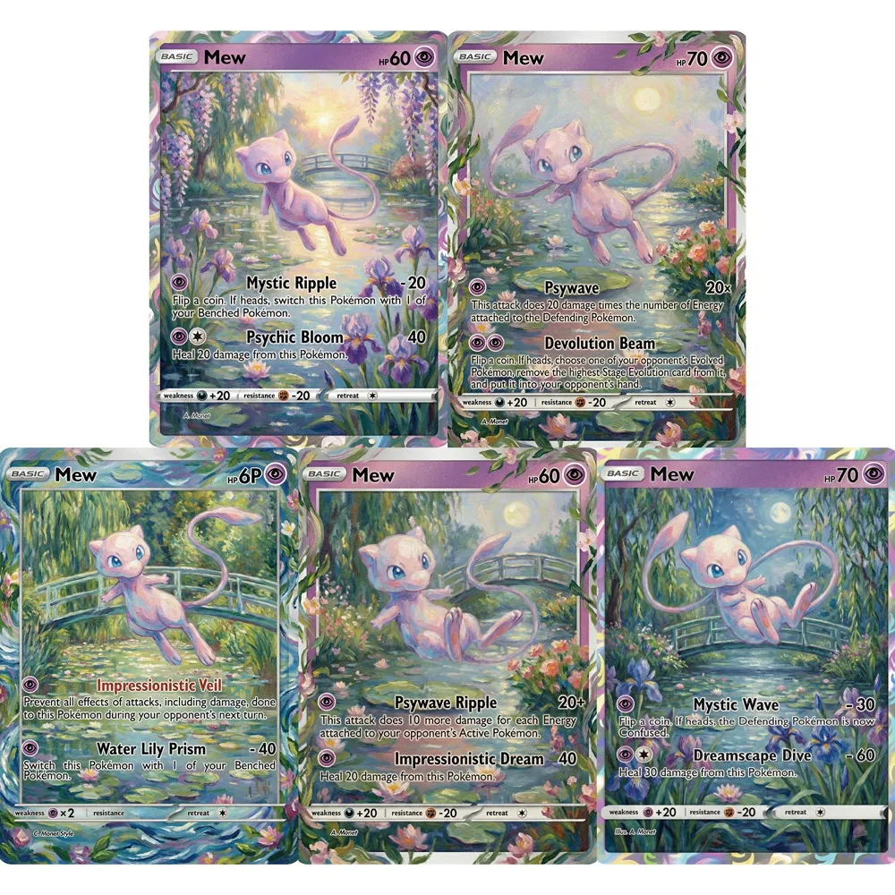 5-cartas-pokemon-mew-monet-arte-impressionista-rara-holo-ptcg-colecao-de-cartas-de-jogo-em-ingles-flash-cards-brinquedos-de-anime-presente-pokemon