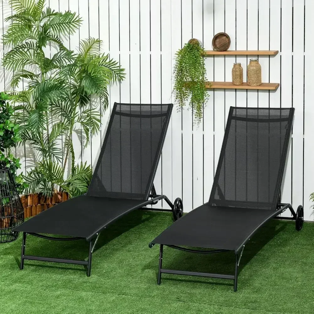 2-Piece Outdoor Chaise Lounge with Wheels, 5-Position Adjustable Tanning Chair for Patio, Beach, Yard, Pool - Black