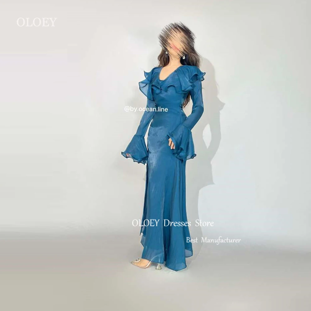 

OLOEY Vintage Dusty Blue Silk Saudi Arabic Women Evening Party Dresses V neck Long Sleeves Formal Occasioin Prom Gowns Event